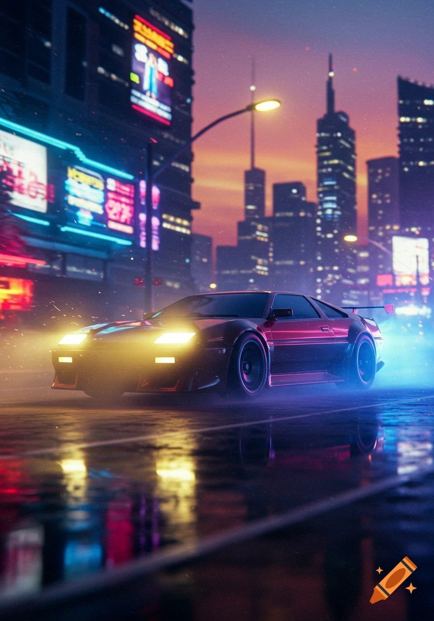 A retro-futuristic sports car with bright headlights drives on a wet city street in a neon-lit cyberpunk city at dusk.