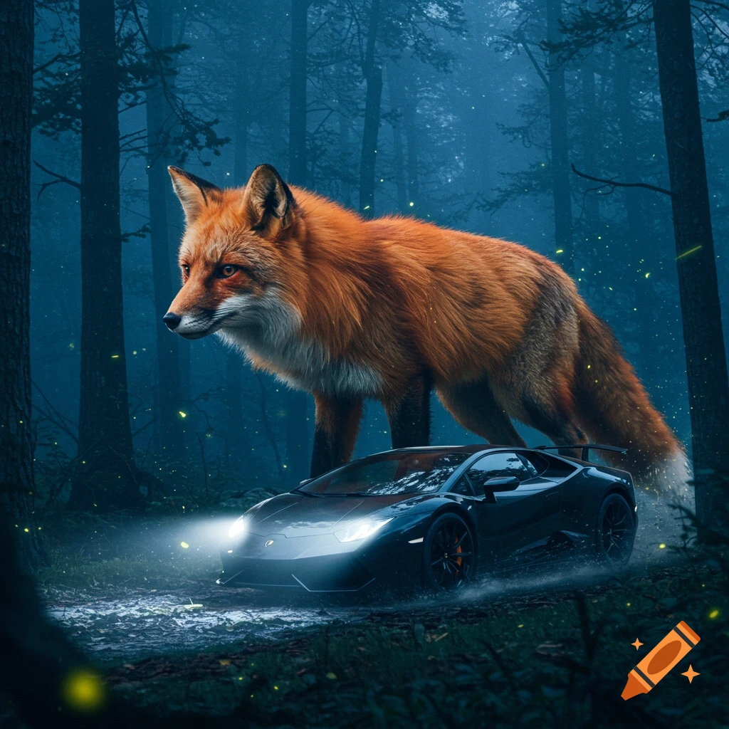 A giant photorealistic fox stands over a black Lamborghini with headlights on, in a misty, dark forest with glowing specks.
