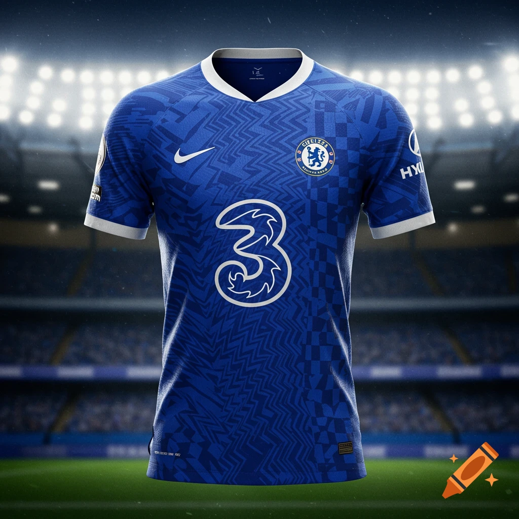 A photorealistic blue Chelsea FC soccer jersey with white trim, Nike swoosh, club crest, '3' and 'Hyundai' logos, against a blurred stadium background.
