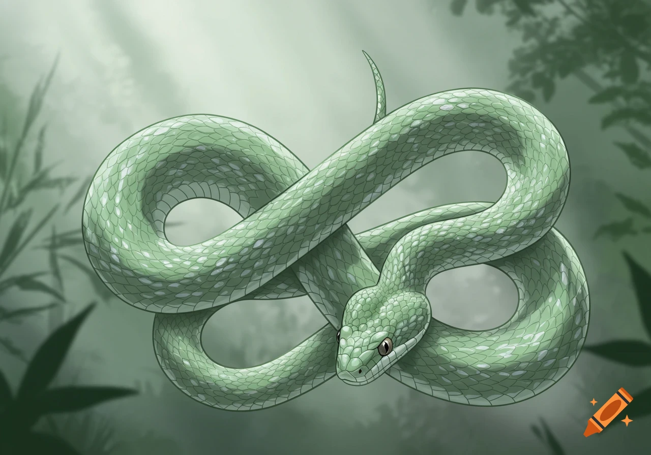 A vibrant green snake with light spots is coiled in an infinity symbol shape against a hazy jungle background, in a clean graphic illustration style.