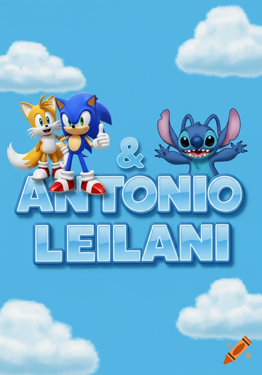 Sonic and Tails with Stitch beside bubble letters 'ANTONIO LEILANI' on a blue sky background with clouds, cartoon style.