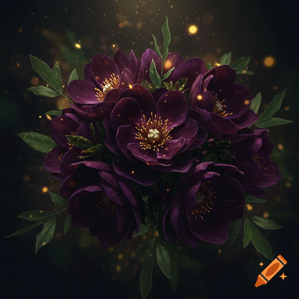 A bouquet of dark purple flowers with yellow centers and green leaves, surrounded by golden sparkling lights on a dark background.