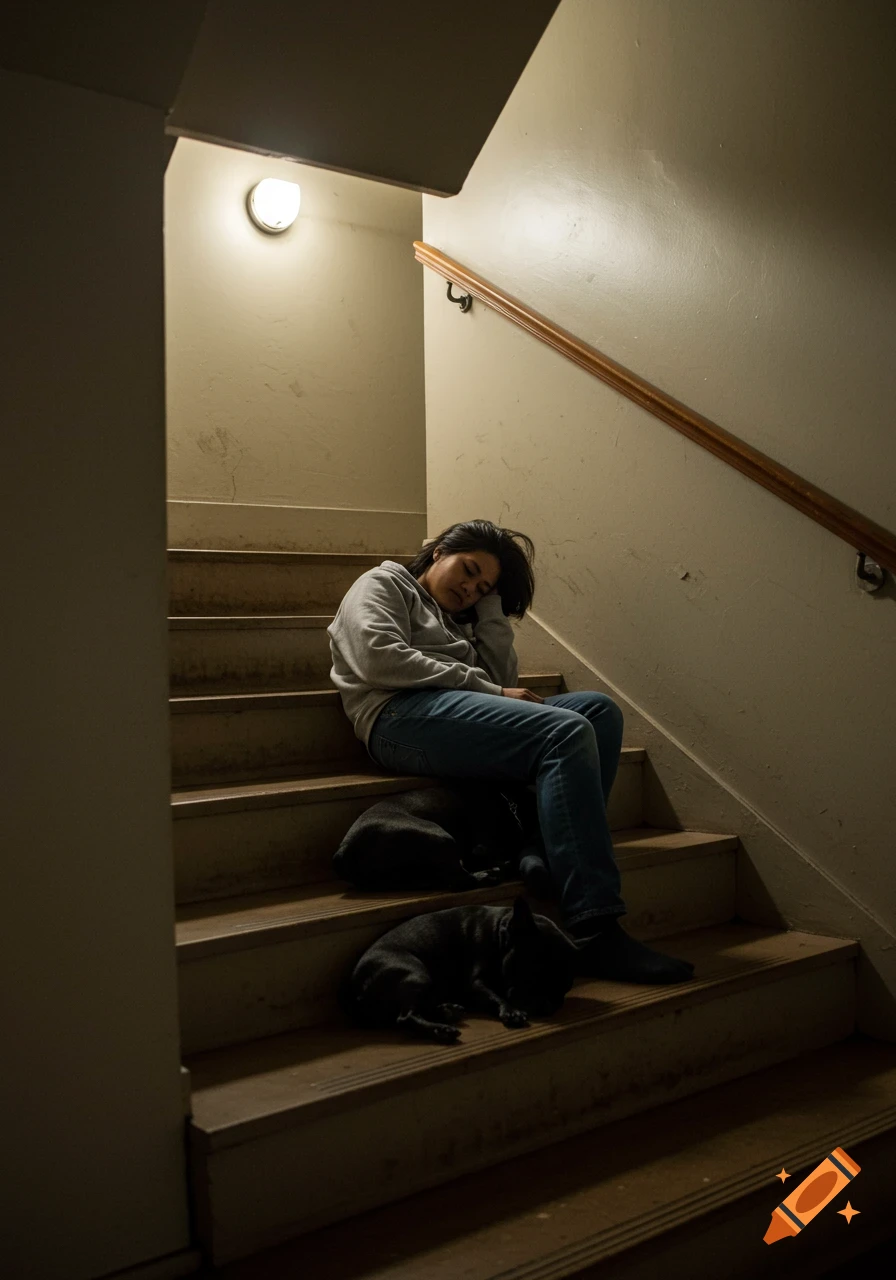 A Filipino woman sleeps on dimly lit apartment stairs with her black French bulldog.
