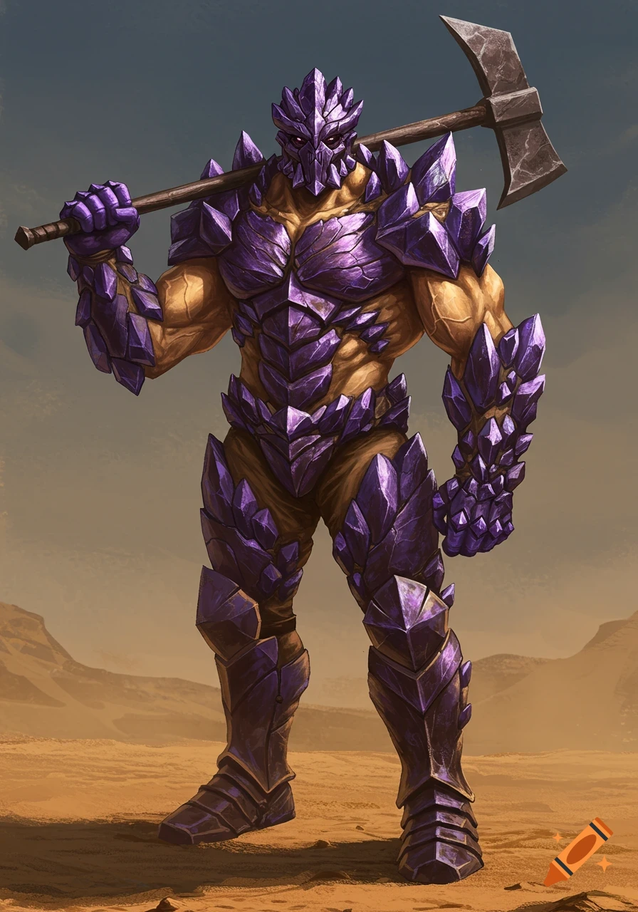 A towering humanoid creature in purple crystal armor, with sand-colored skin, holds a massive iron warpick over its shoulder in a desolate desert.