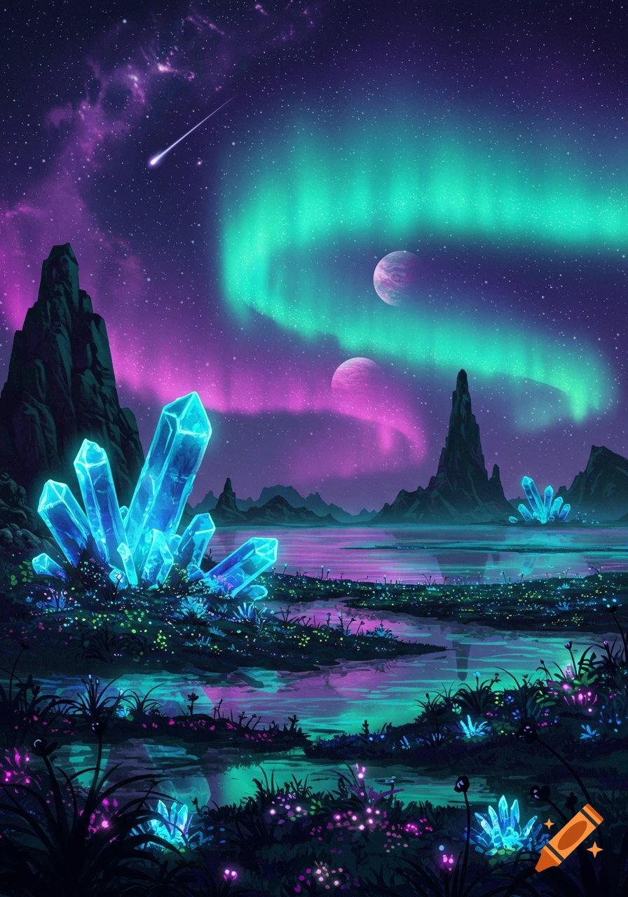 A vibrant alien landscape with glowing blue crystals, a reflective lake, mountains, a shooting star, planets, and a purple and teal aurora in the night sky.