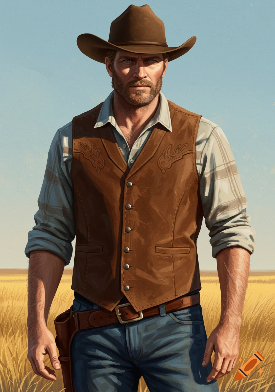 An illustrated portrait of a rugged cowboy in a brown hat and vest, standing in a golden field under a blue sky.