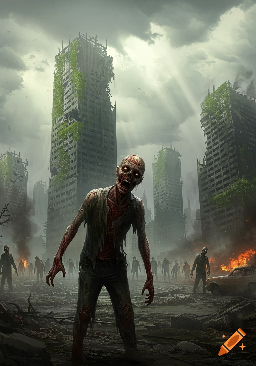A photorealistic zombie apocalypse scene with a decaying zombie in the foreground and ruined skyscrapers under an ominous sky.