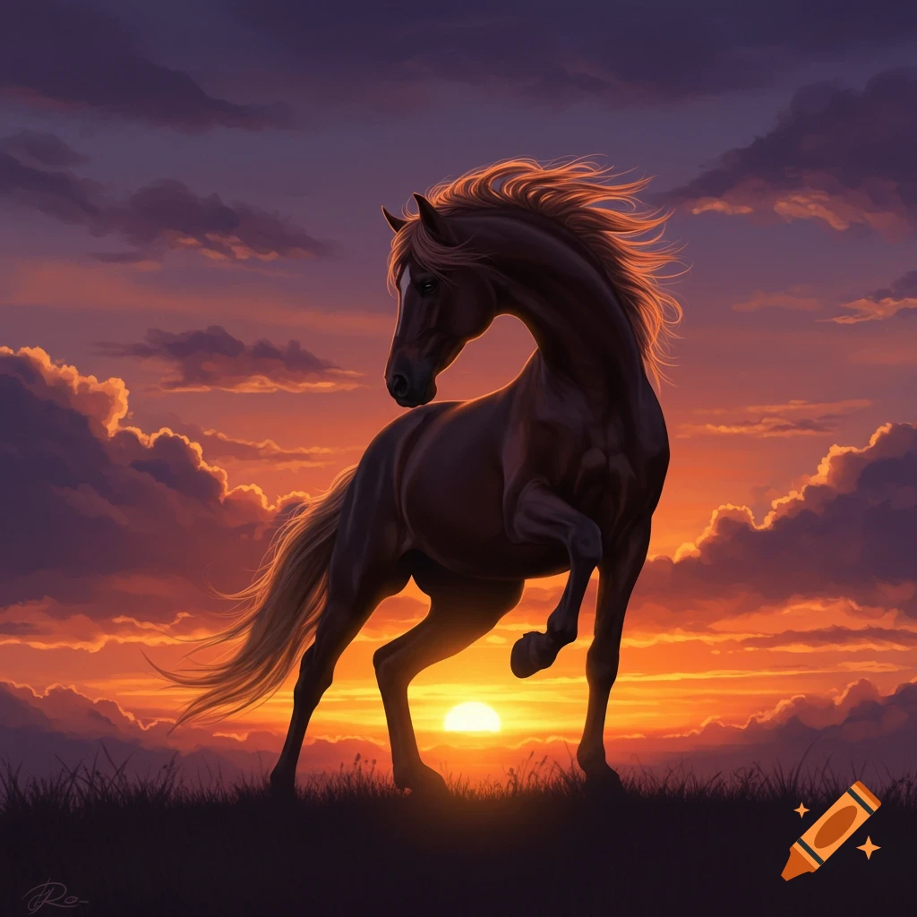 A majestic horse with a flowing mane, silhouetted against a vibrant orange and purple sunset sky on a grassy hill in a digital art style.