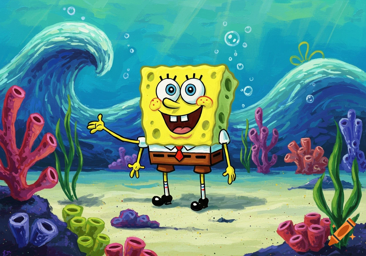 Spongebob Squarepants waves cheerfully in a vibrant underwater scene with colorful coral and a large blue wave.