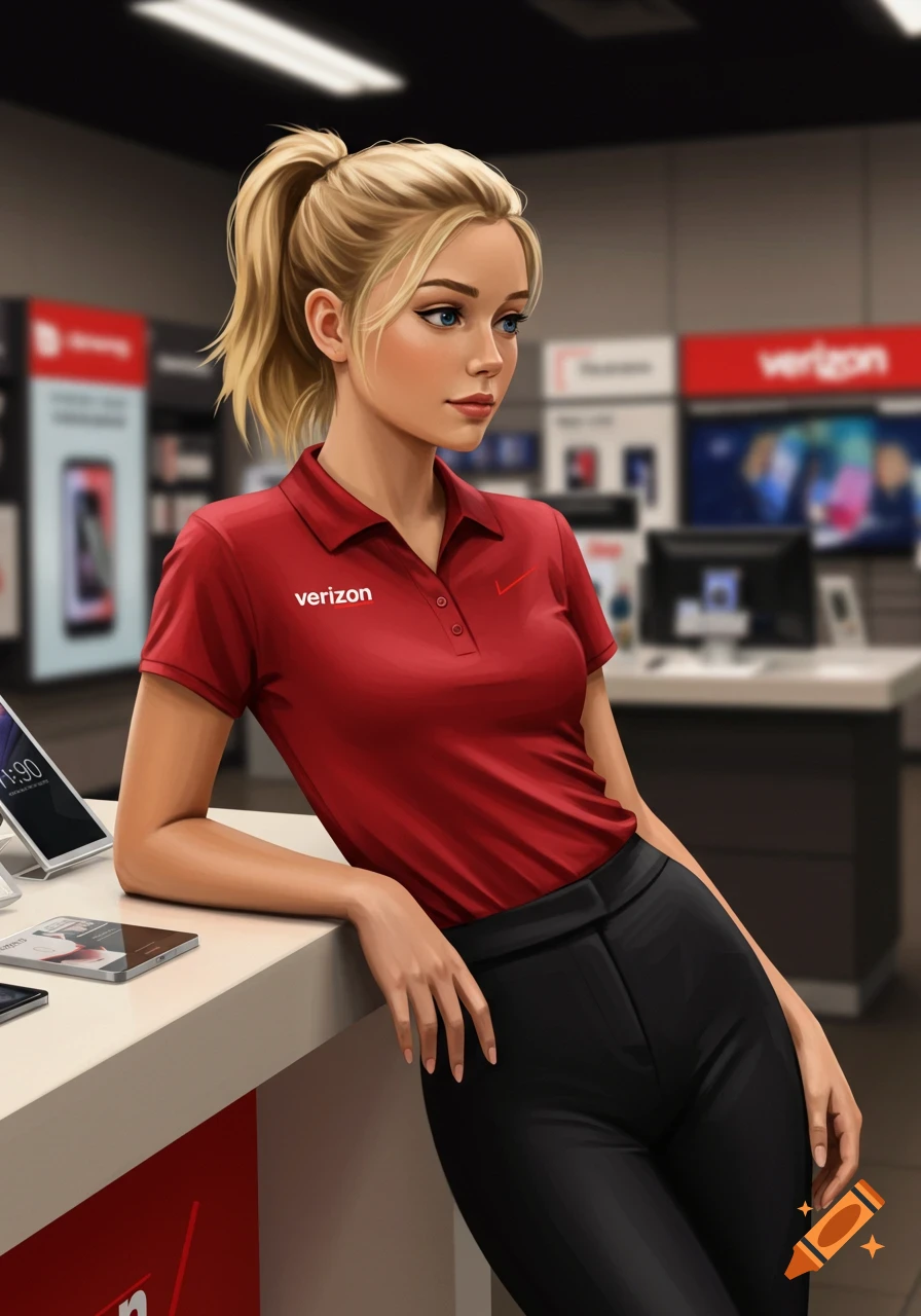 A blonde woman in a red Verizon polo and black pants leans on a counter in a Verizon store, digital art style.