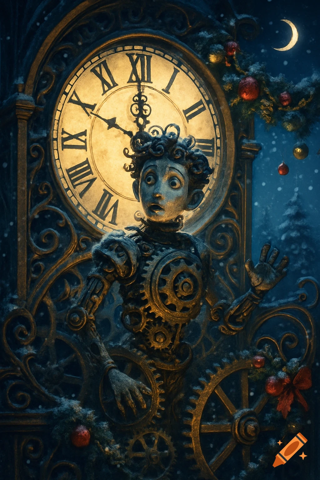 A whimsical clockwork boy with gears for a body in front of a Christmas-decorated clock tower under a crescent moon. Stylized art.
