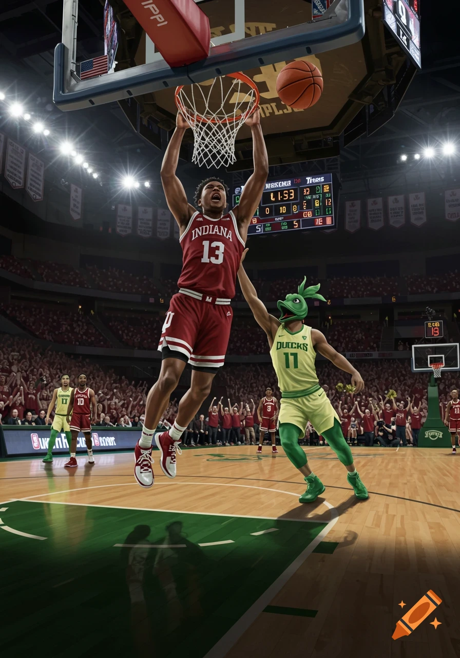A basketball player in a red 'INDIANA 13' jersey dunks the ball into a hoop, while an opponent in a green 'DUCKS 11' uniform tries to block him in a packed arena.