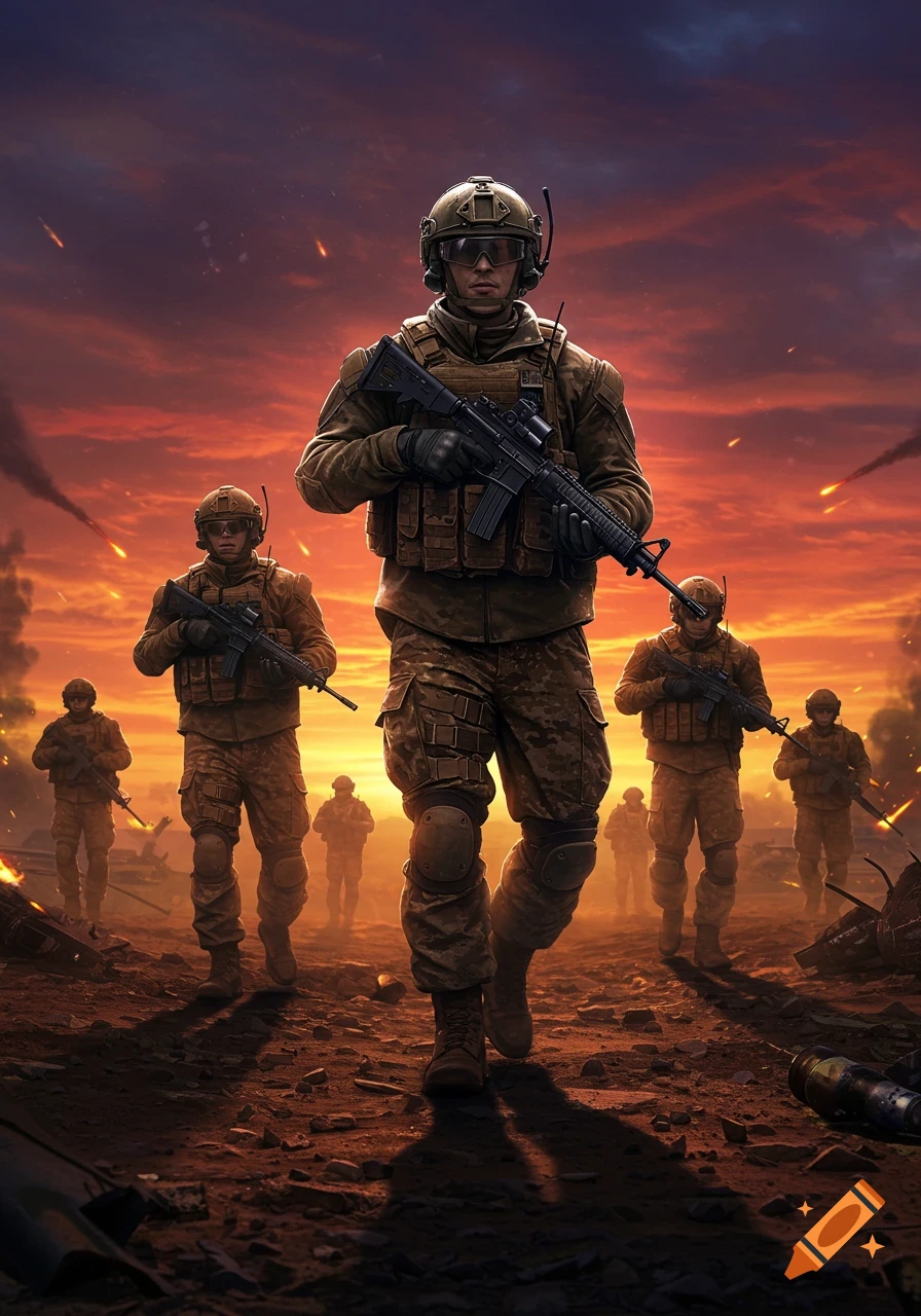 Soldiers in tactical gear carrying rifles walk across a desolate battlefield under a fiery, smoke-filled sky at sunset.