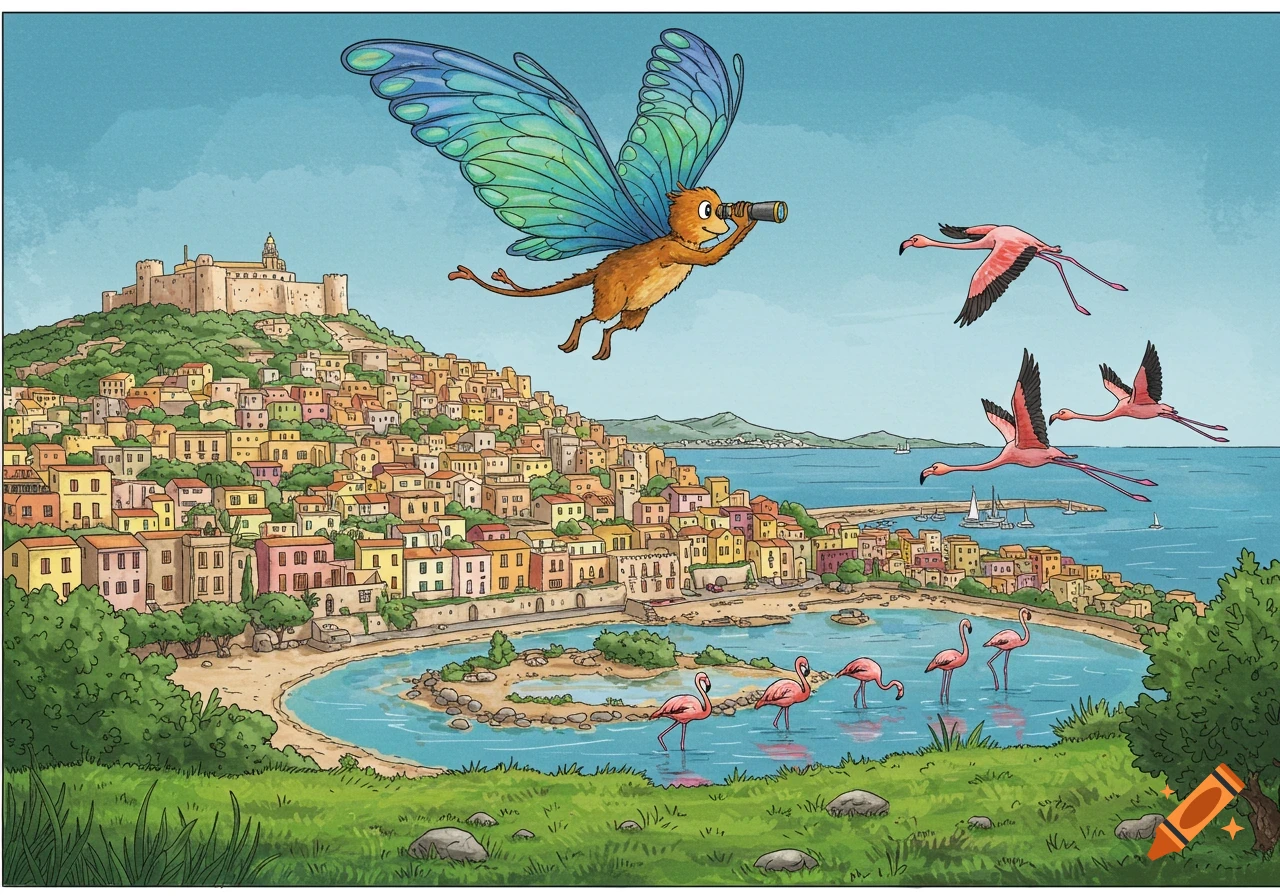 A cartoon mythical creature with butterfly wings flies over a colorful coastal town, watching flamingos in a bay, with a castle on a hill.