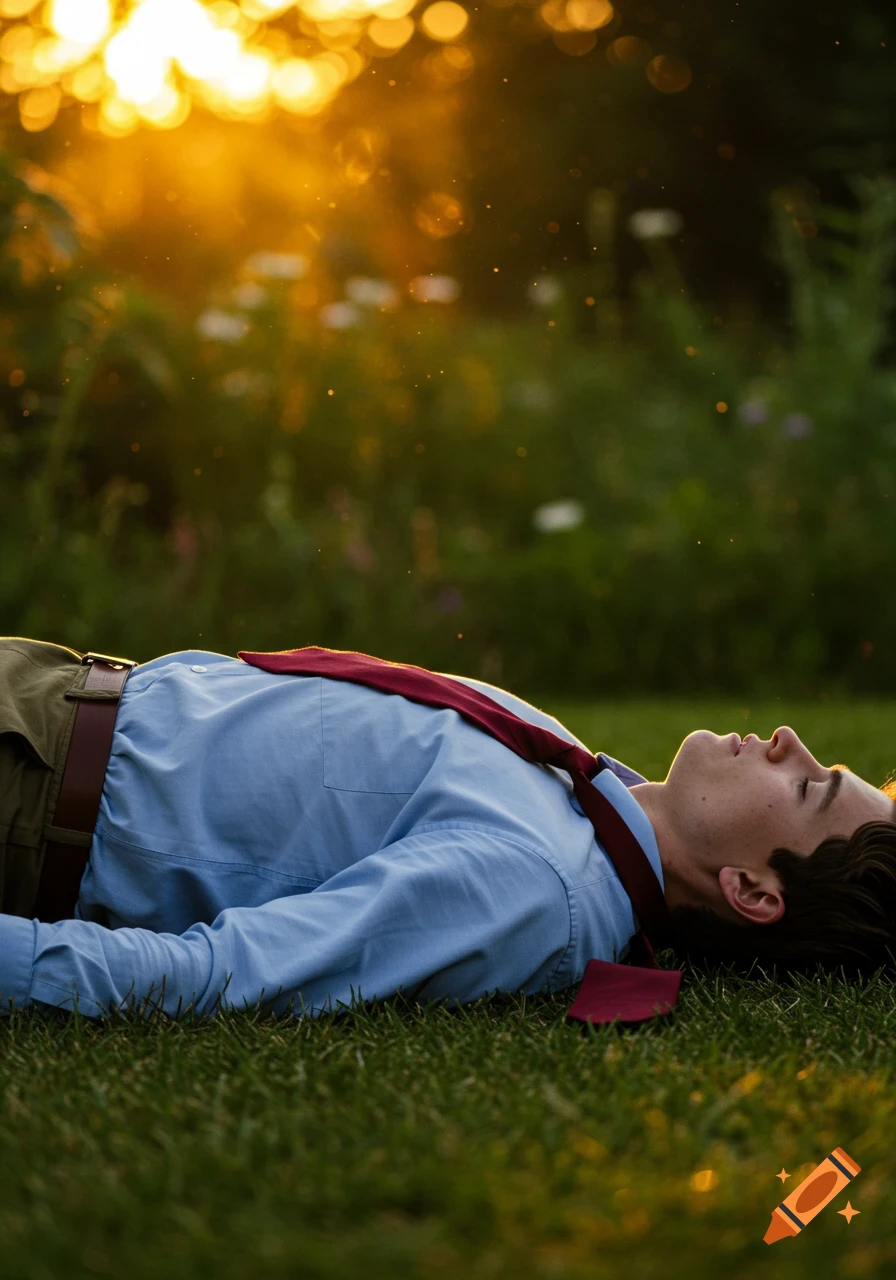 A young man in a blue shirt, red tie, and khaki pants lies on grassy ground in golden sunlight, eyes closed.