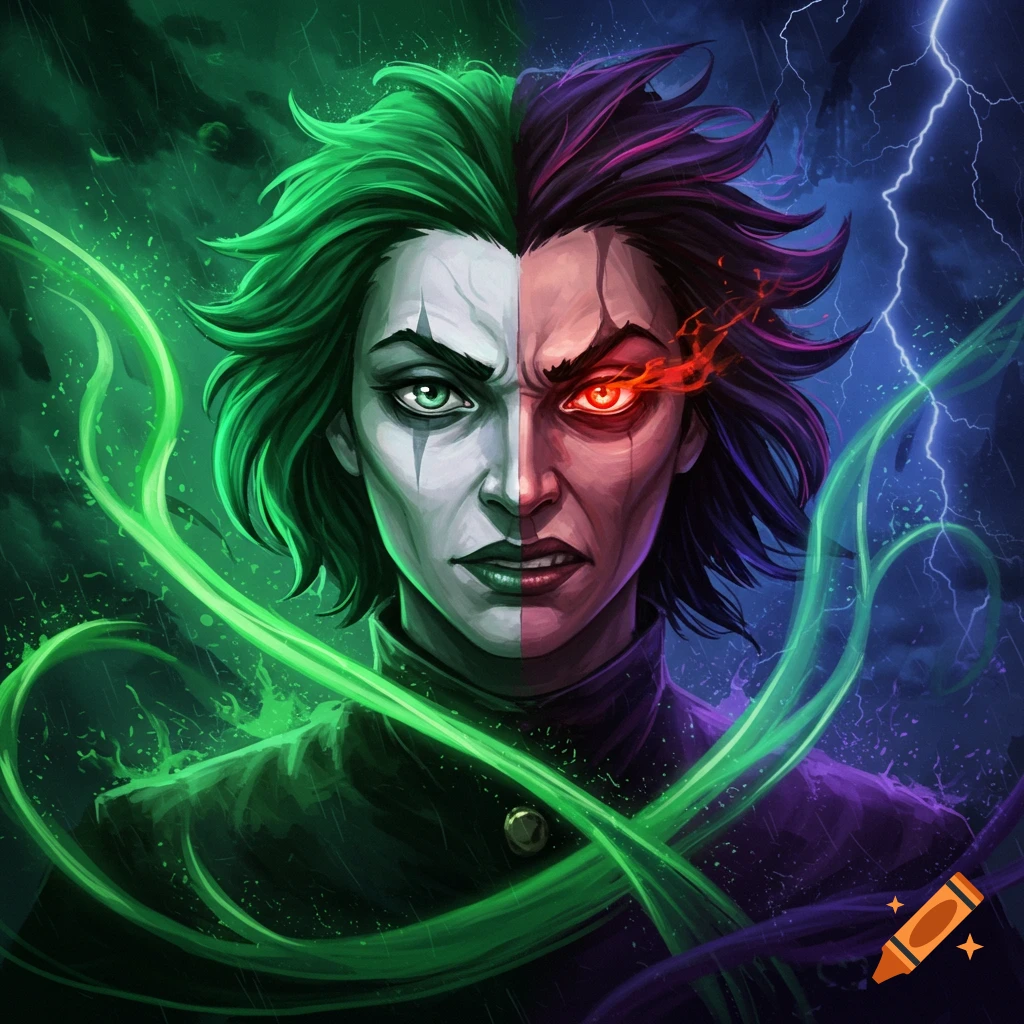 A stylized digital painting of a character with a face split down the middle; one half green and pale, the other red and dark, with glowing eyes and energy.