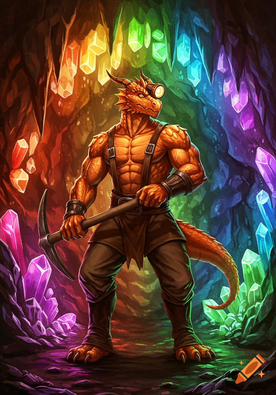 An orange-scaled dragon humanoid miner with a headlamp and pickaxe stands in a rainbow crystal cave, illustrated fantasy art.
