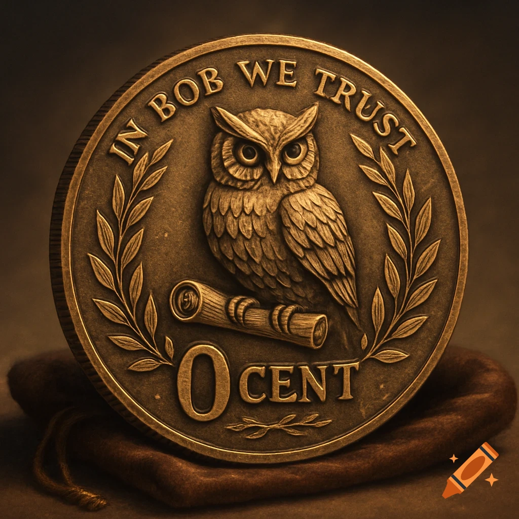 A bronze coin featuring an owl perched on a scroll, with the text 'IN BOB WE TRUST' and '0 CENT' on its surface, resting on a brown pouch.