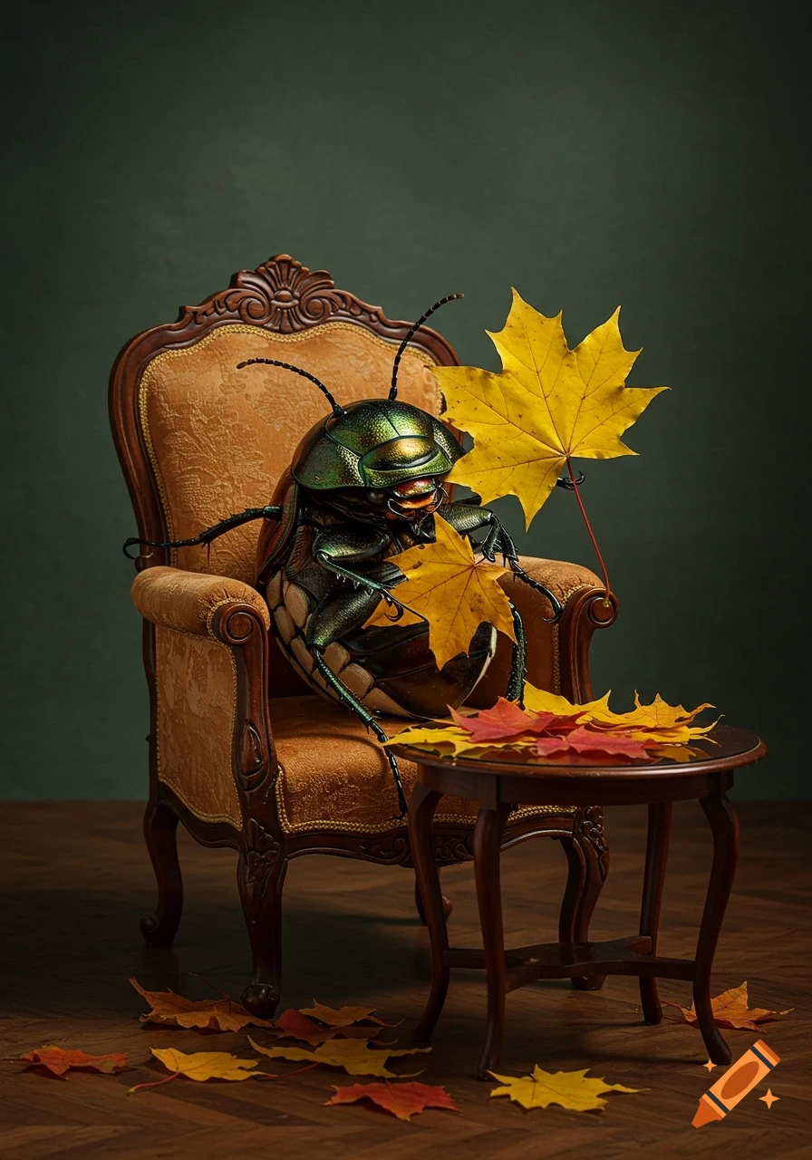 A large iridescent beetle in a golden rococo armchair holds a yellow maple leaf, surrounded by autumn leaves on a table and floor.