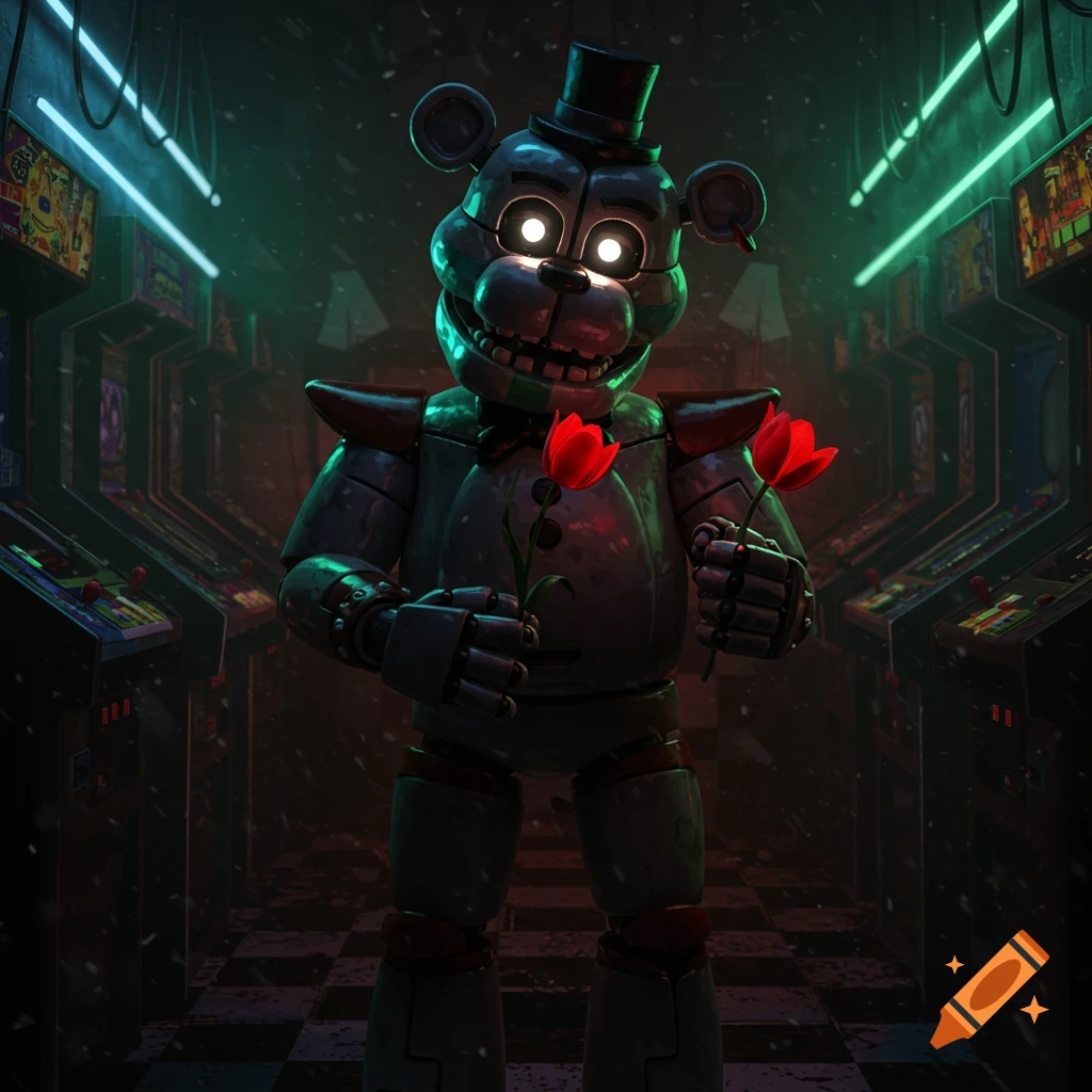 An animatronic bear in a top hat with glowing eyes holds two red tulips in a dimly lit arcade with neon lights.