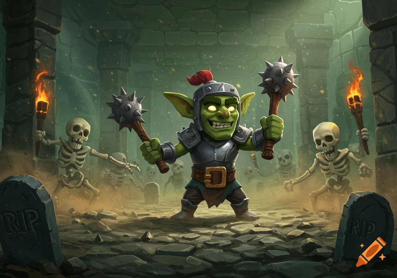 A cartoonish goblin in armor holding spiked maces stands among skeletons and gravestones in a dark dungeon, torches ablaze.