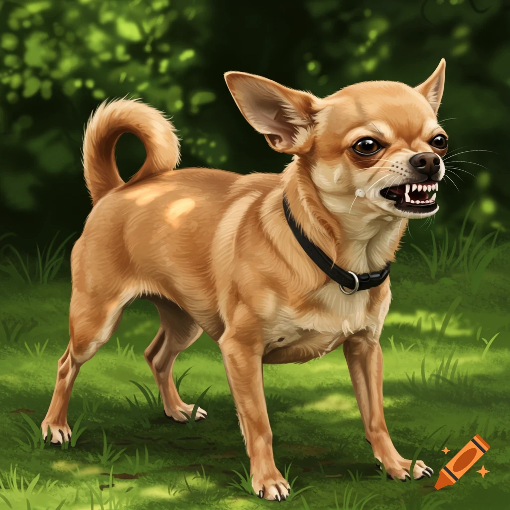 An angry light brown chihuahua with a black collar bares its teeth in a green, grassy outdoor setting, in an illustrative style.