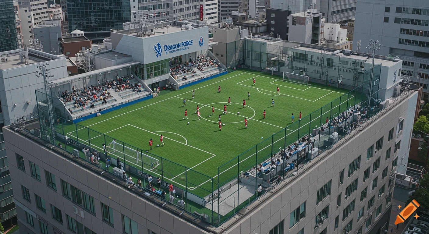 High-angle view of a photorealistic rooftop football field in a Tokyo cityscape, with players and spectators.
