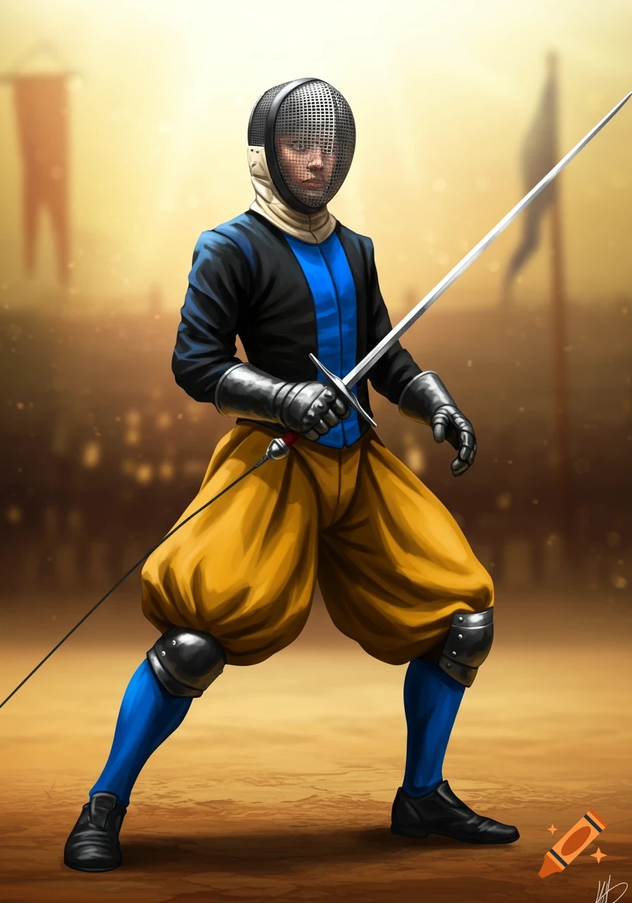 An illustration of a historical fencer in a black and blue jacket, yellow baggy pants, and a mask, holding a longsword.