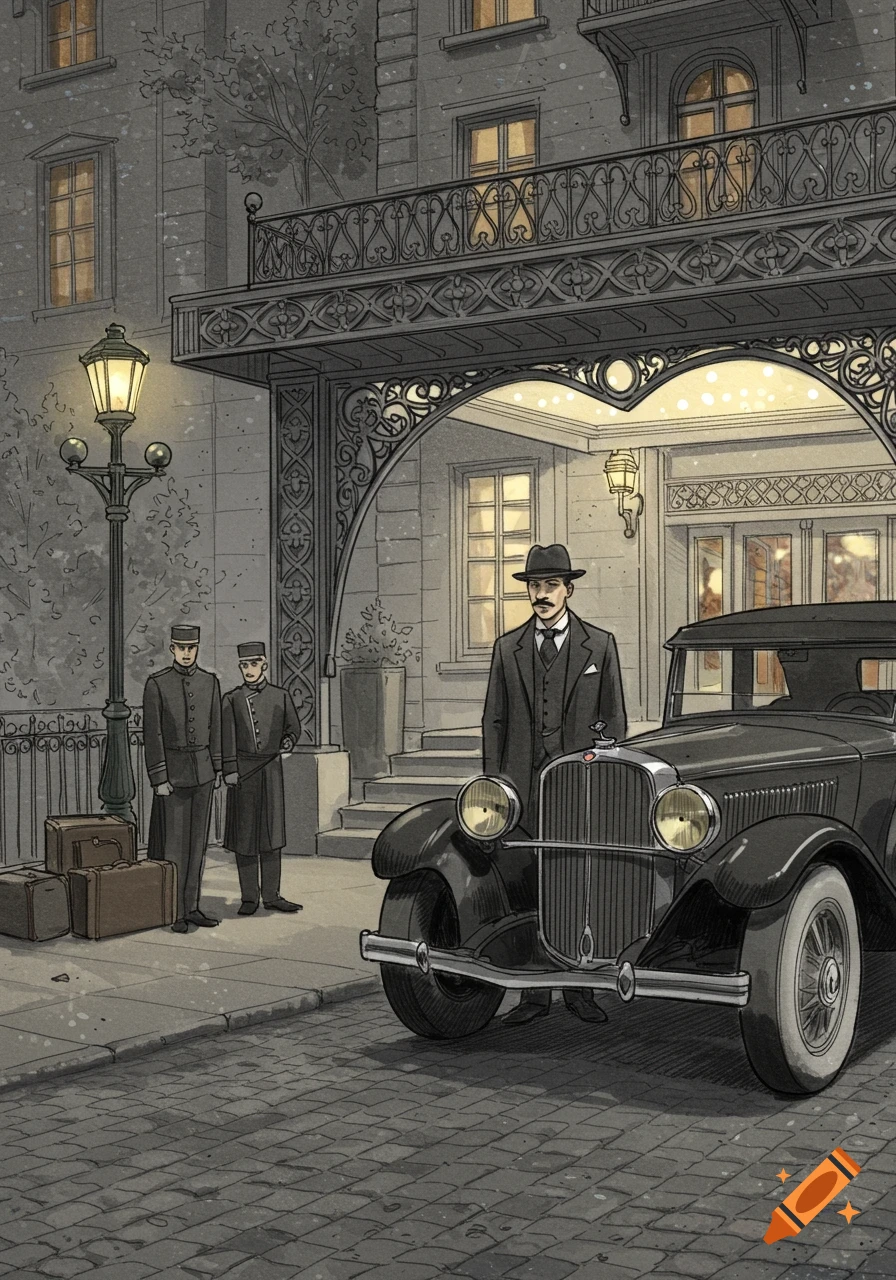 A man in a fedora stands by a classic car in front of a fancy hotel entrance, with two bellhops and luggage nearby, in a vintage illustration style.