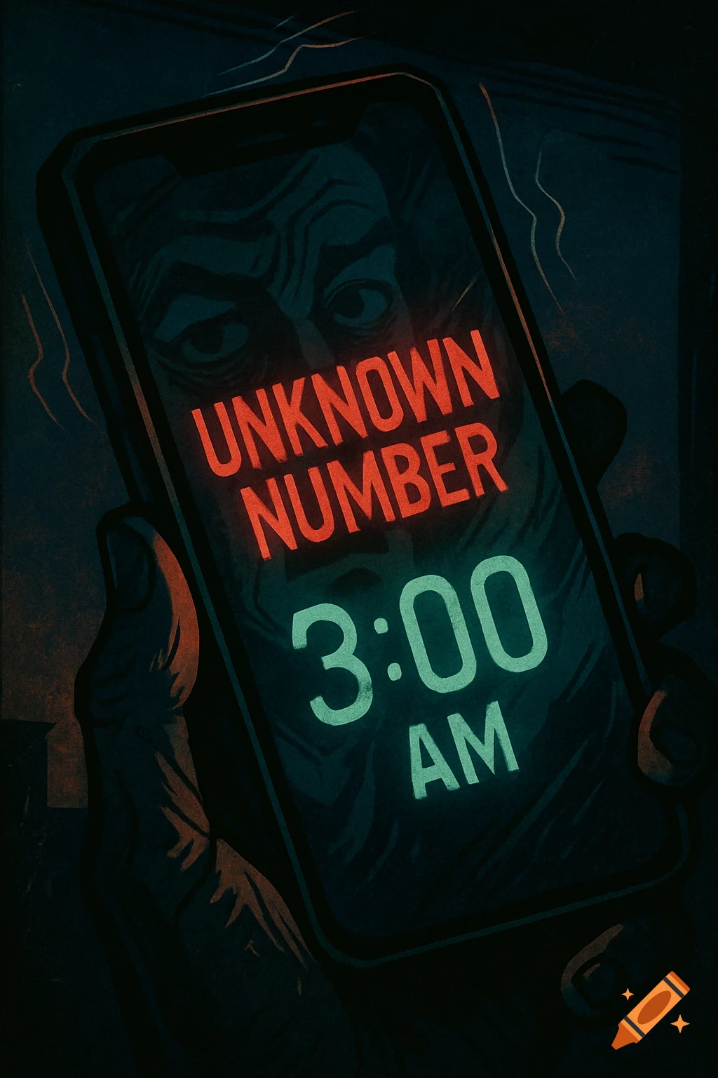 A hand holds a smartphone displaying "UNKNOWN NUMBER" in red and "3:00 AM" in green against a distressed face, in a dark, cinematic cartoon style.