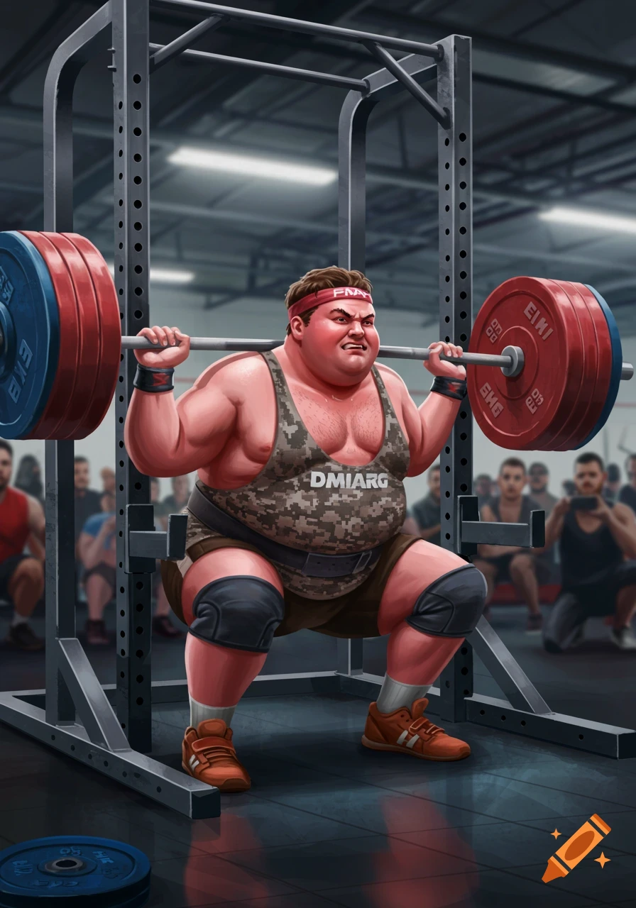 A cartoonishly chubby, muscular man intensely squats heavy weights in a gym with a squat rack, surrounded by blurred spectators.