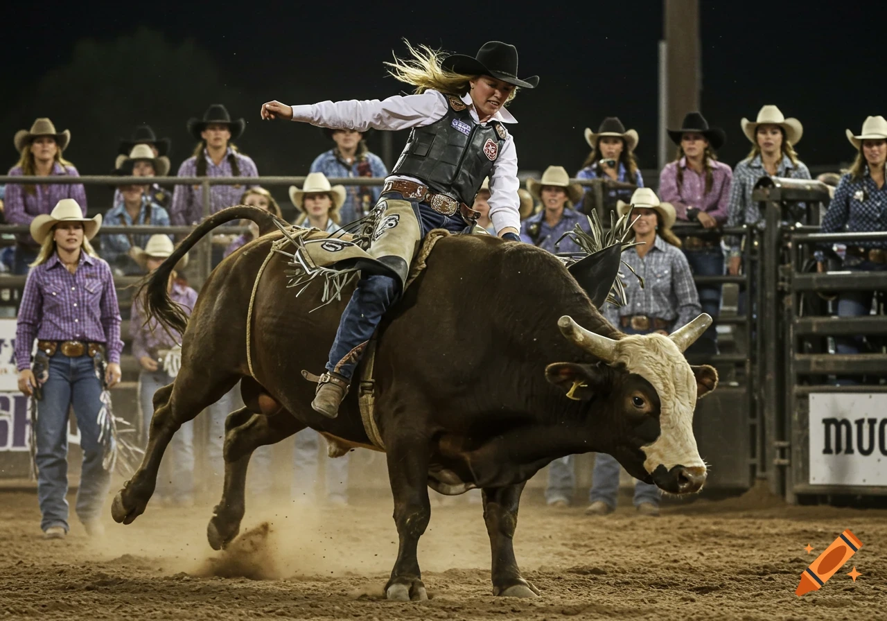 A photorealistic image of a cowgirl in a black hat and vest riding a bucking bull in a rodeo arena, with other cowgirls watching.