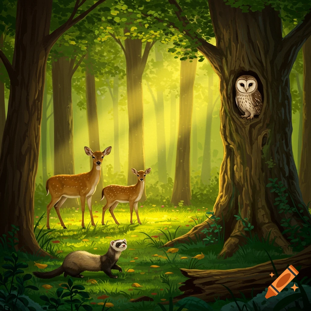A vibrant, illustrative forest scene with two deer, a ferret, and an owl in a tree hollow, bathed in golden sunlight filtering through trees.