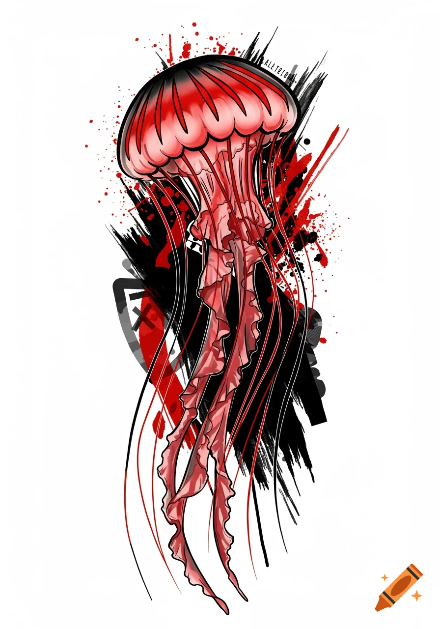 Stylized red jellyfish with black brush strokes and red splatters in a trash polka tattoo art style on a white background.