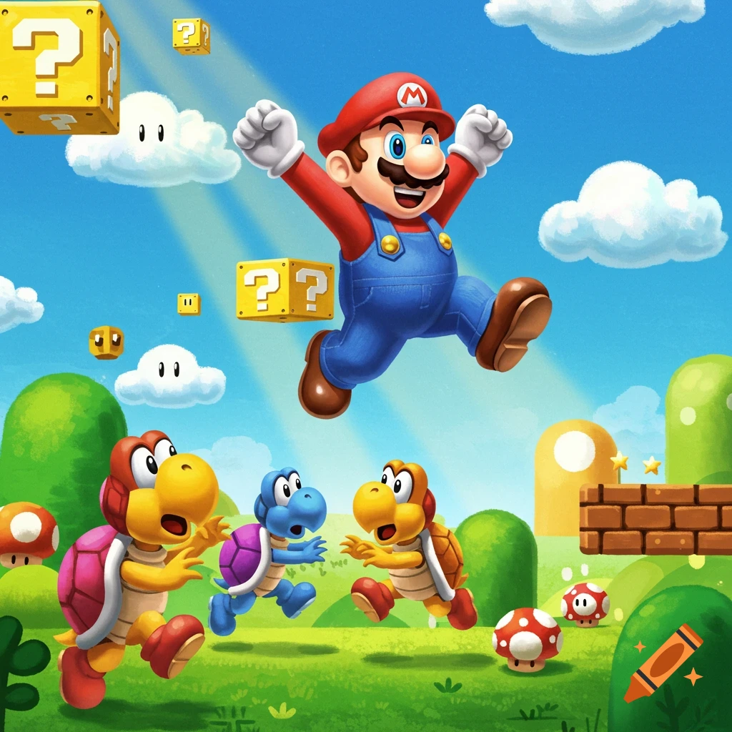 Mario jumps above three Koopa Troopas in a vibrant, cartoon-style Super Mario Bros. landscape with question mark blocks.