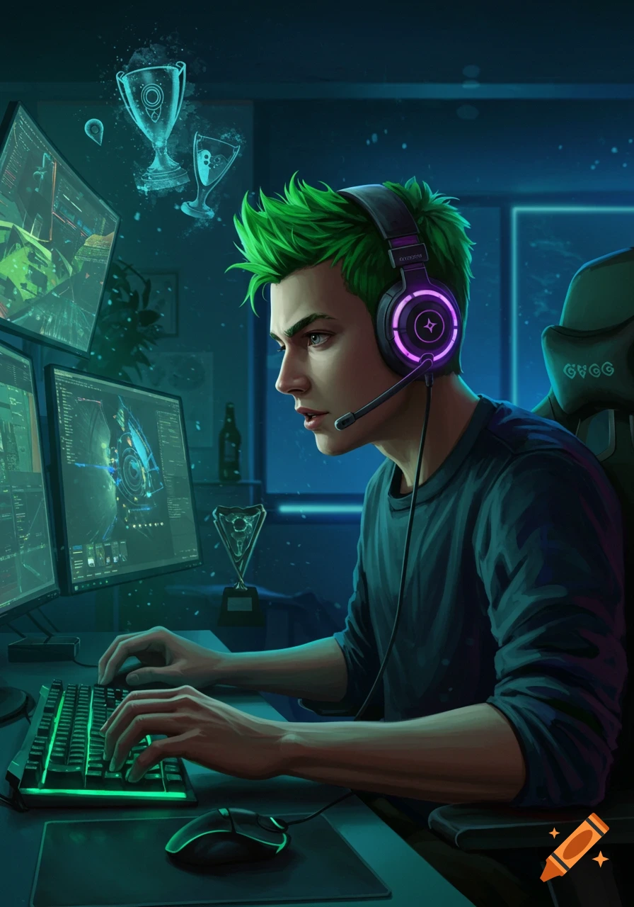 A vibrant digital art illustration of a young man with bright green hair and glowing headphones gaming intensely at a multi-monitor setup.