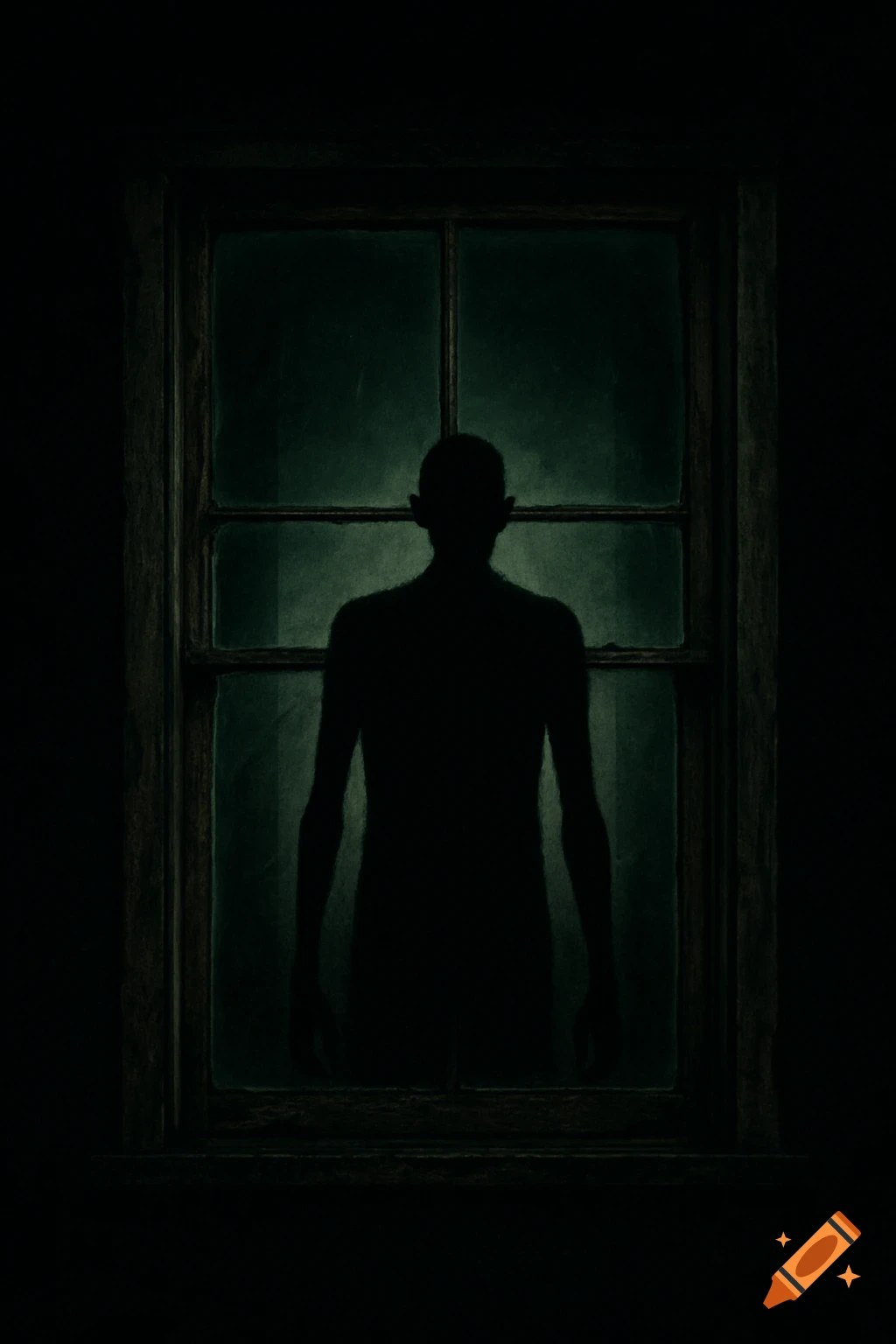 Dark silhouette of a person with pointed ears standing in a grimy window frame, casting an eerie green glow, in a horror film poster style.