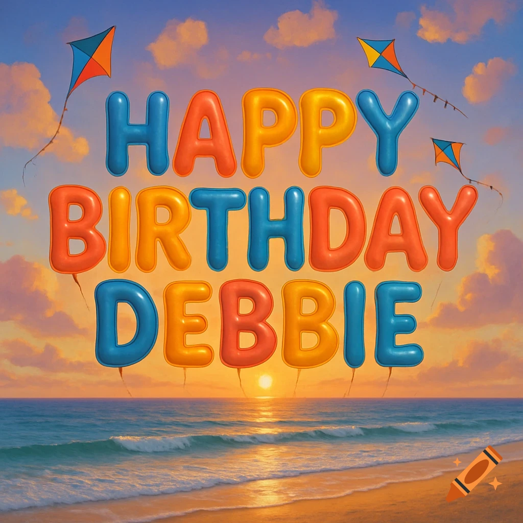 Balloon letters spell 'Happy Birthday Debbie' over a scenic beach and ocean at sunset with colorful kites flying.