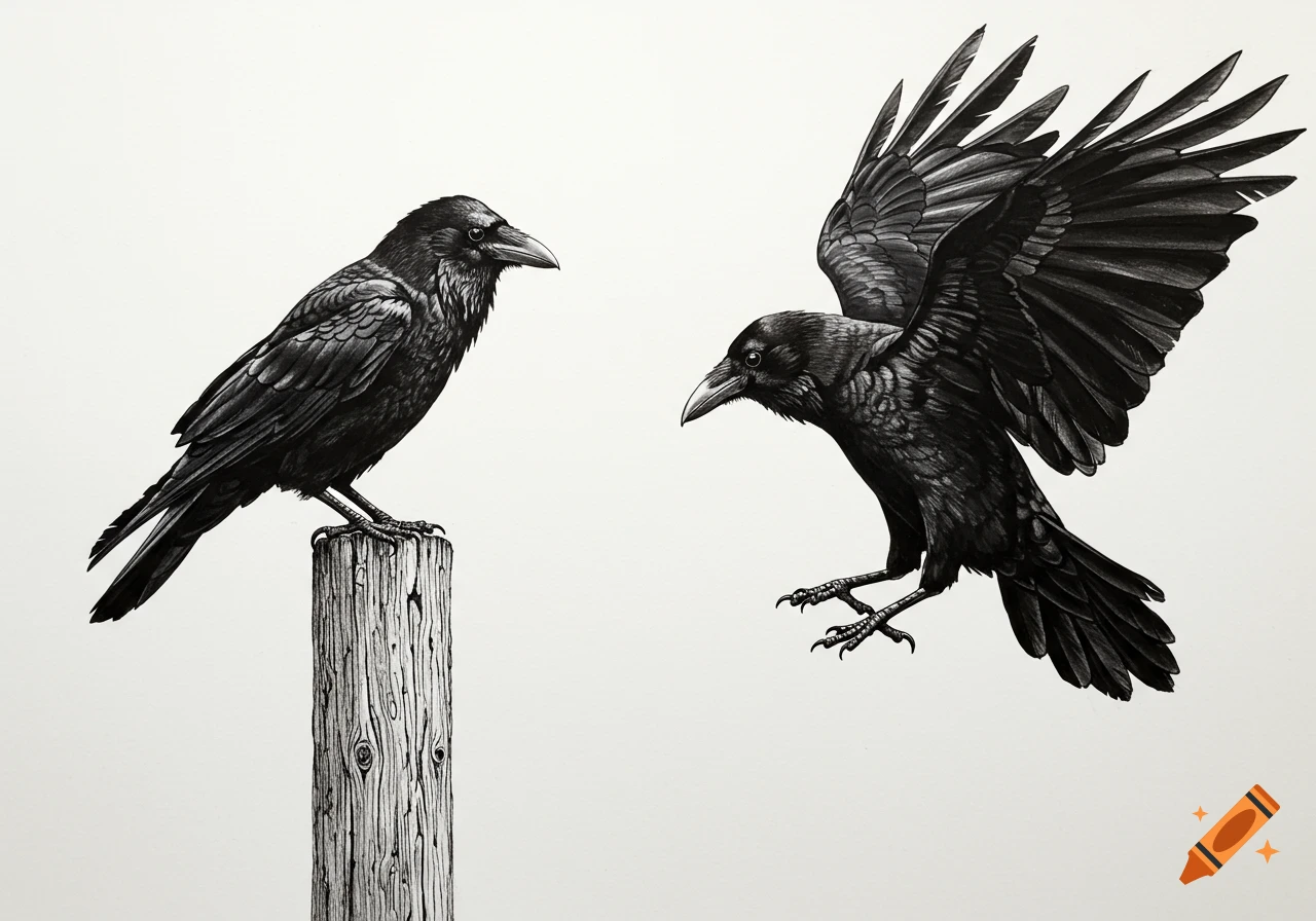 Black and white drawing of two crows, one perched on a wooden post, the other landing with outstretched wings.
