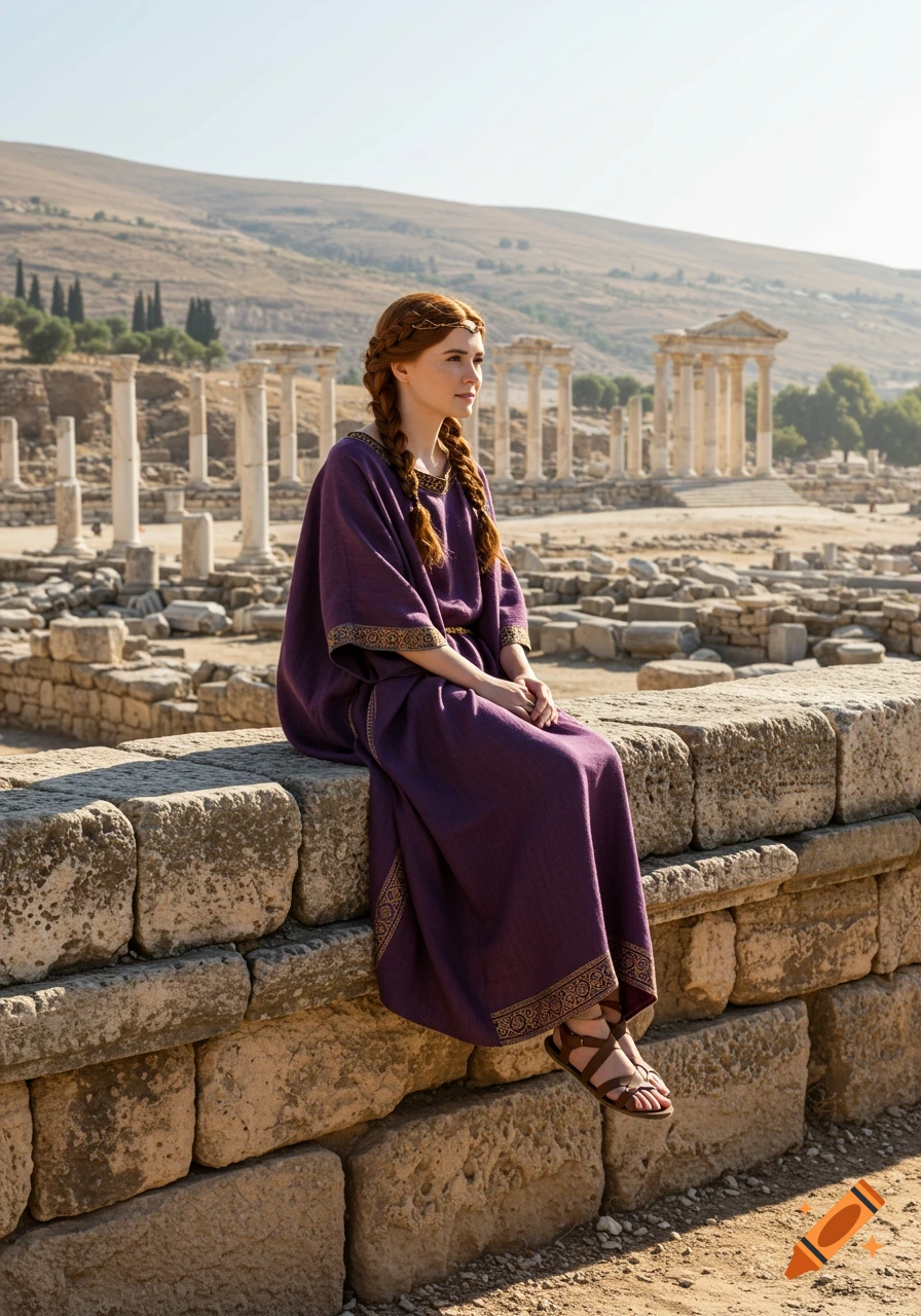 A woman with braided red hair in ancient purple attire sits on a stone wall, with the ruins of an ancient city behind her.