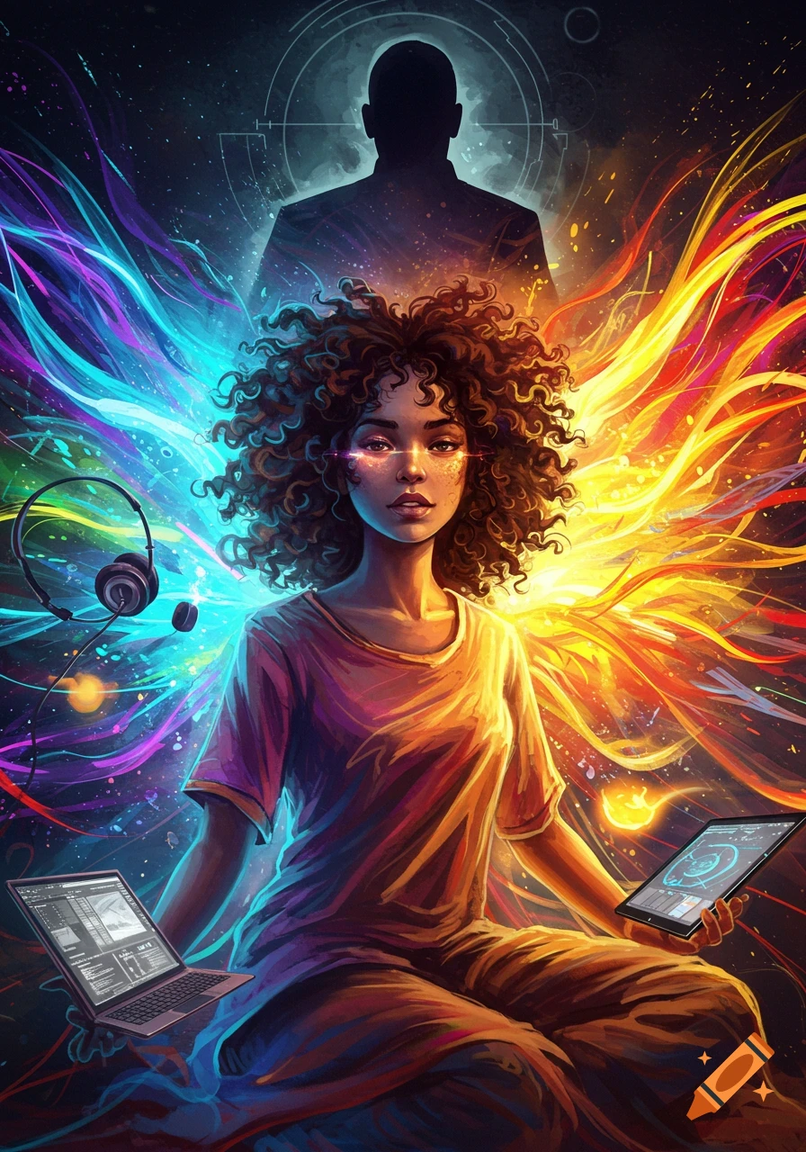A woman with curly hair sits, surrounded by colorful energy, holding a laptop and tablet, with a silhouette behind her.