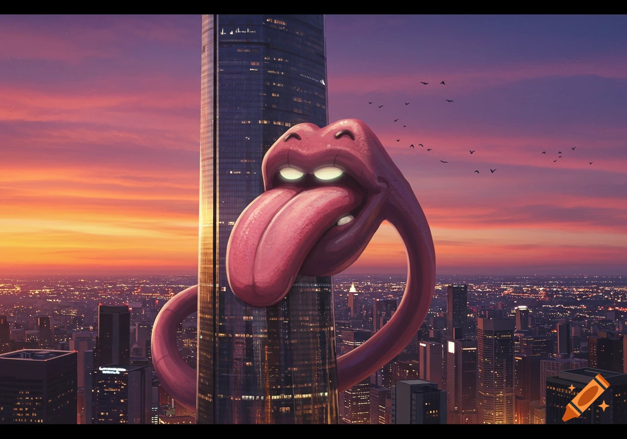A massive pink lips and tongue creature with glowing eyes is wrapped around a skyscraper in a vibrant cityscape at sunset.