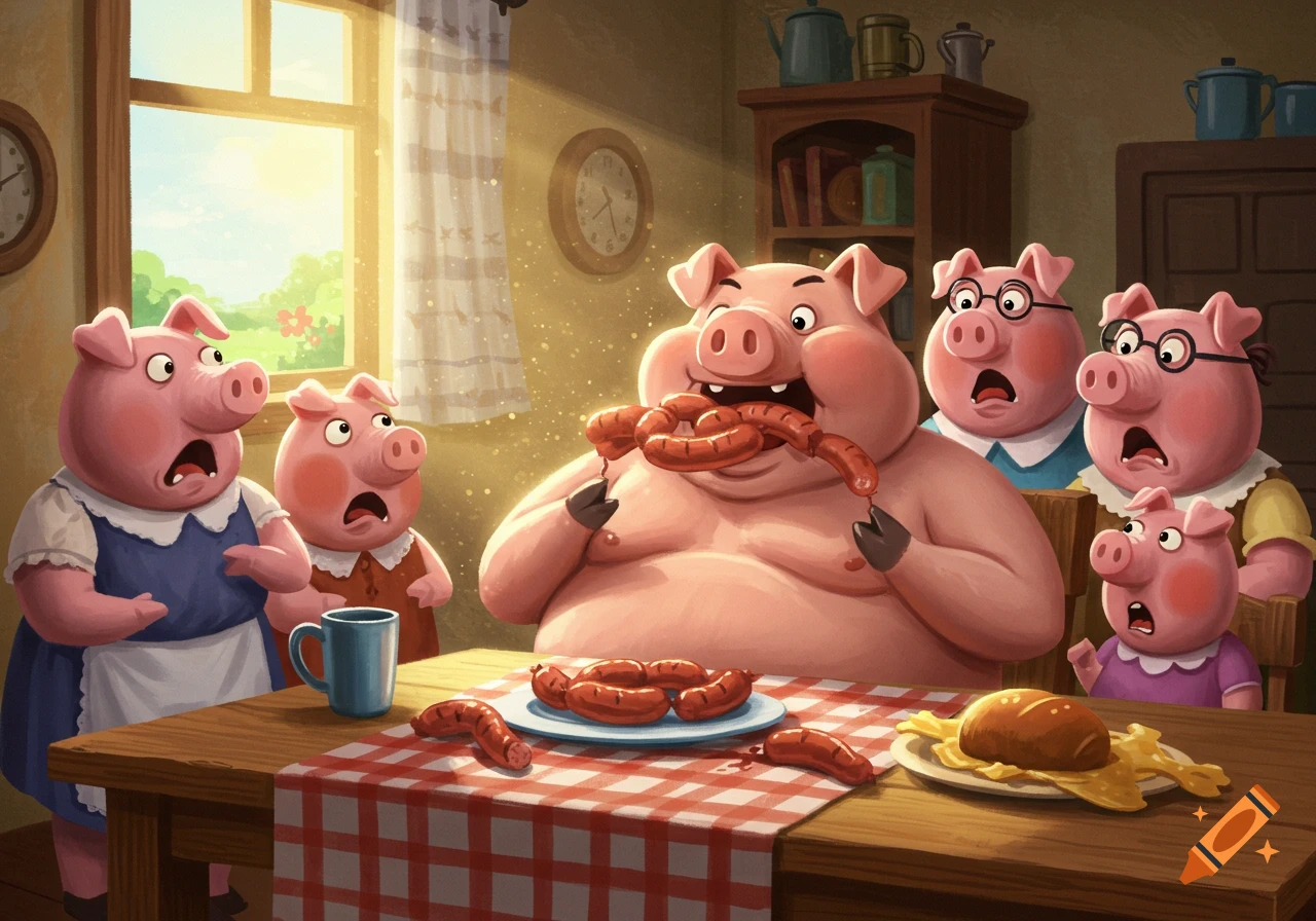 A large cartoon pig devours sausages at a table as smaller pigs watch in disgust, cartoon illustration.