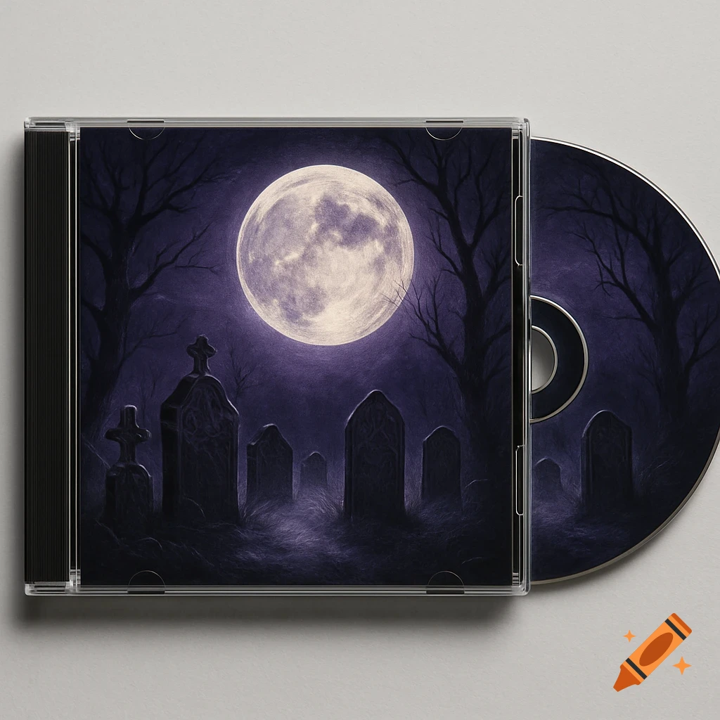 A CD case and disc featuring a full moon illuminating a dark, gothic graveyard with bare trees and tombstones at night.