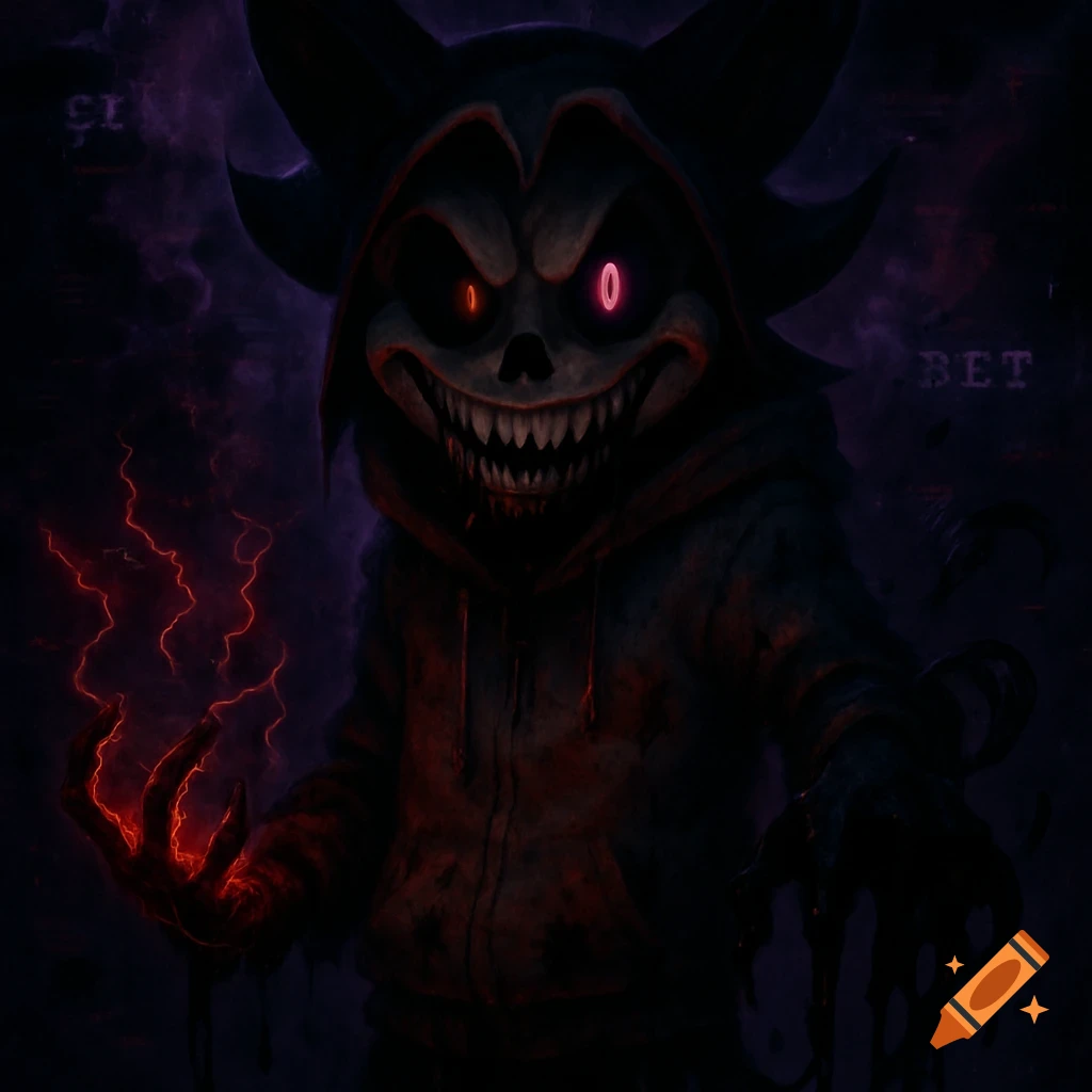 A grinning, dark hooded monster with glowing red and pink eyes, sharp teeth, and ink dripping from its mouth. One hand emits red electrical energy, the other drips black ink.