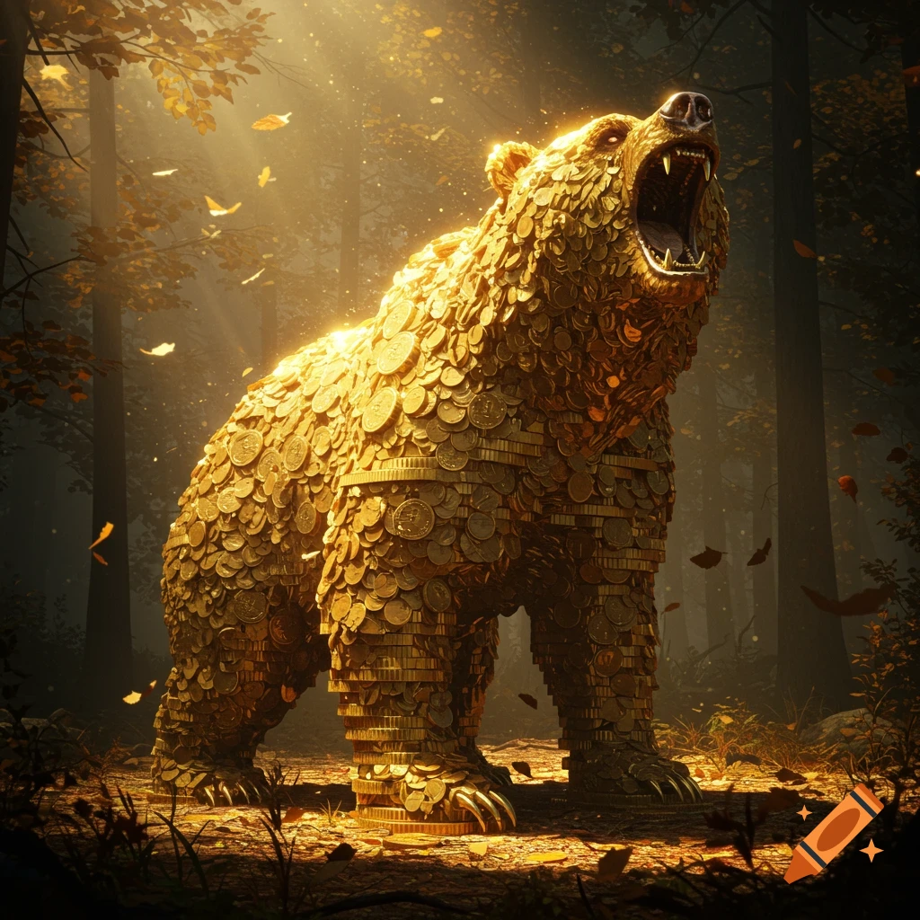 A roaring bear made of stacked gold coins stands in a sunlit forest with autumn leaves.