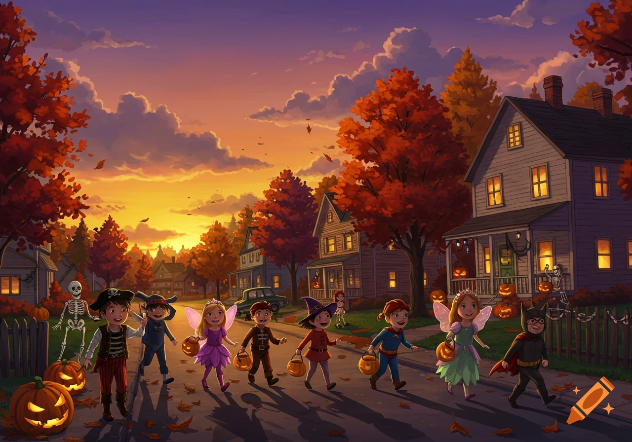 Illustrated children in Halloween costumes trick-or-treating down a suburban street at sunset with autumn leaves.