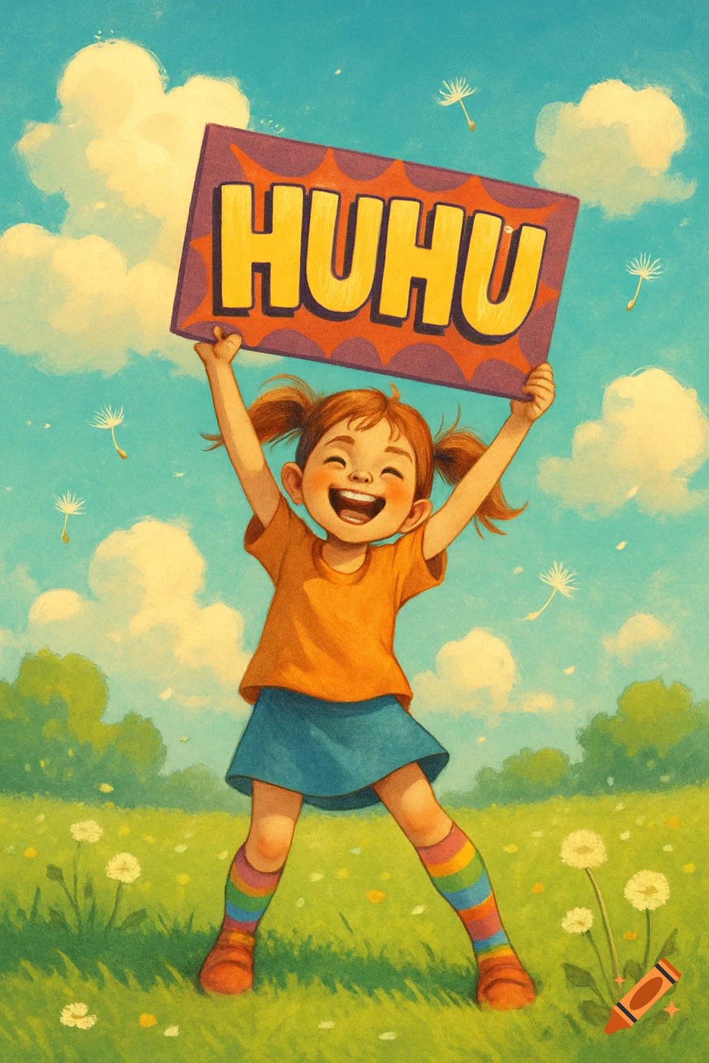 A happy little girl with pigtails and rainbow socks holds a sign that reads "HUHU" in a sunny grassy field, in an illustrative style.