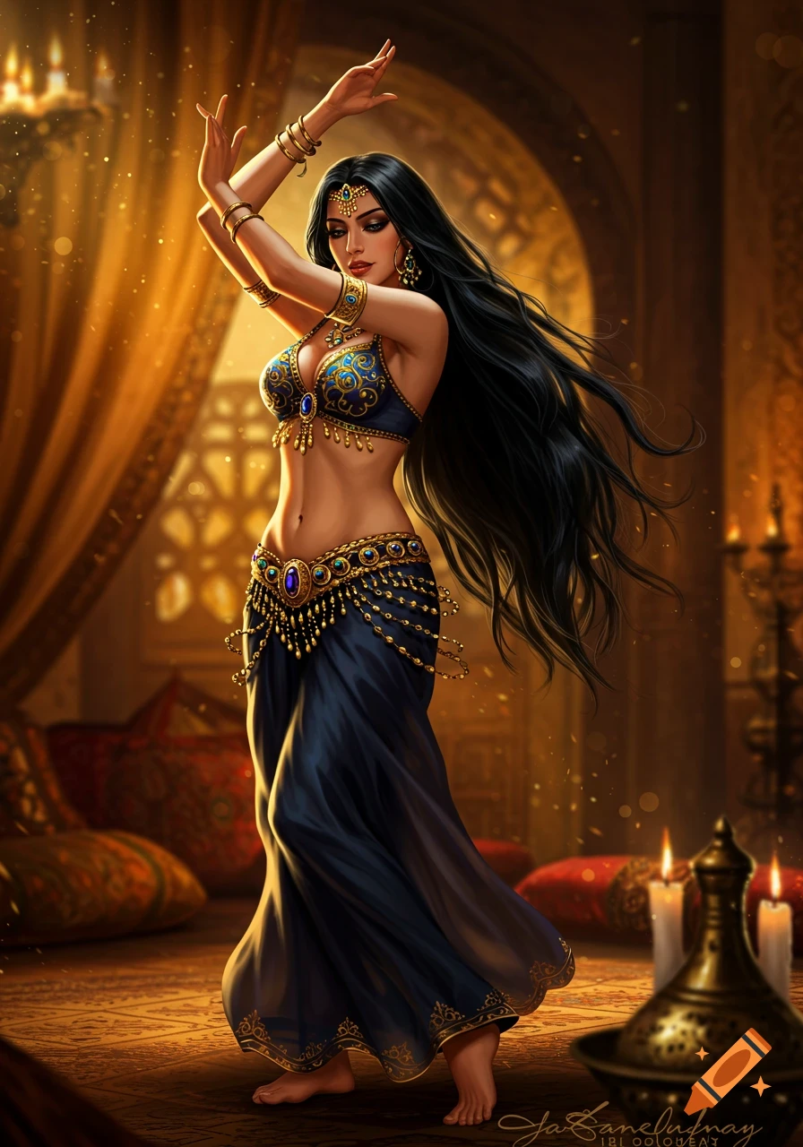 A beautiful arab woman with long black hair wearing a blue and gold belly dance costume poses in an ornate, gold-lit room.