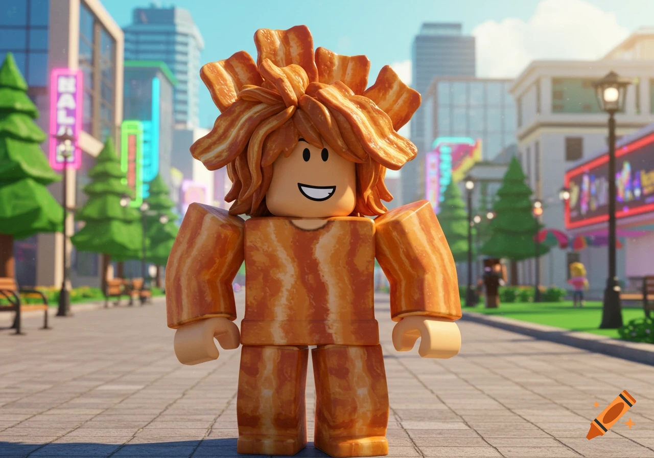 A Roblox character with bacon-strip hair and a bacon-patterned outfit stands on a city street in a digital art style.